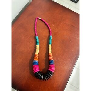 Boho Beaded Necklace Statement Multi Color Wood Beads Pink Blue Teal Orange Blac